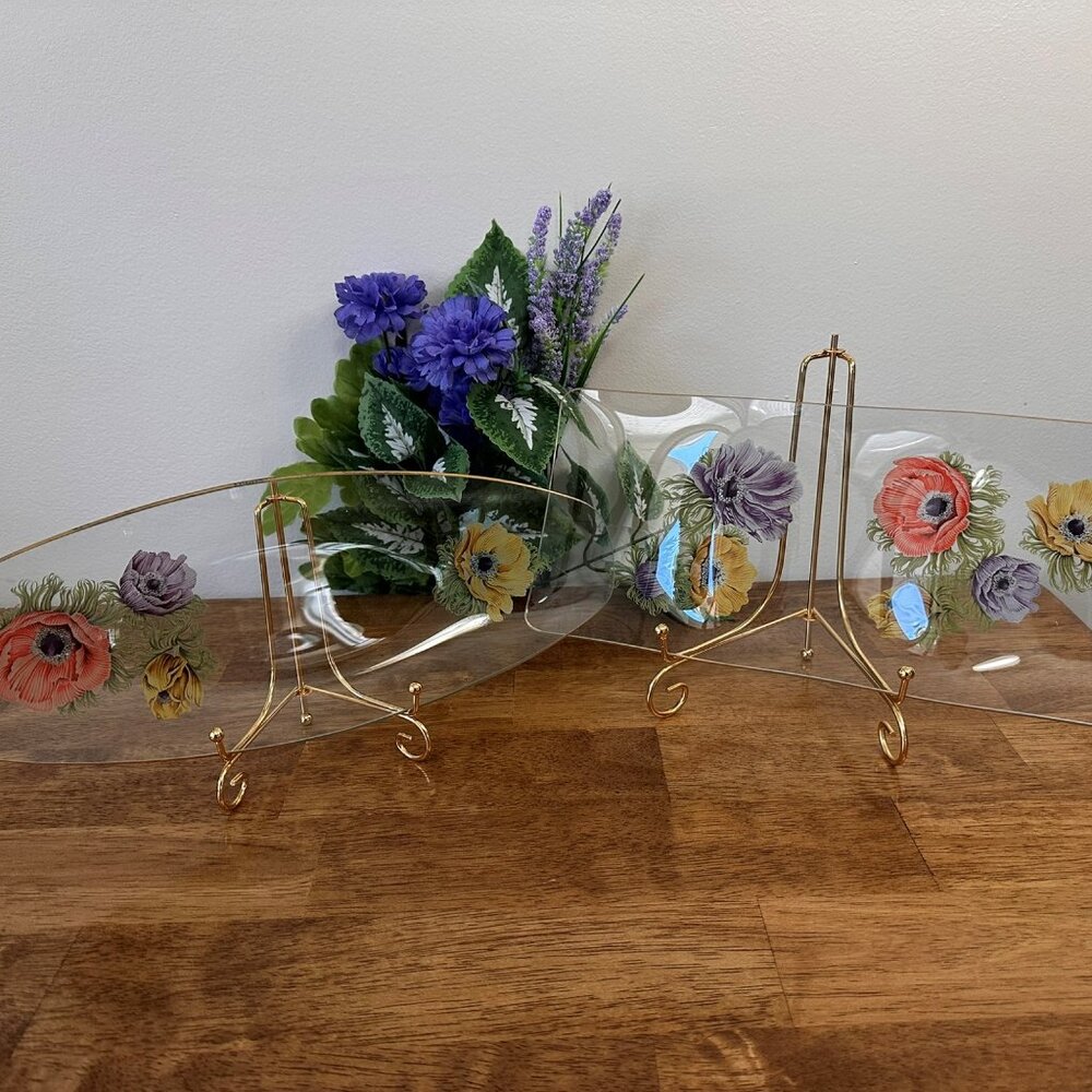 Chance Glass Anemone Floral Plates Gold Rim Rectangular‎ and Oval Vintage UK MCM